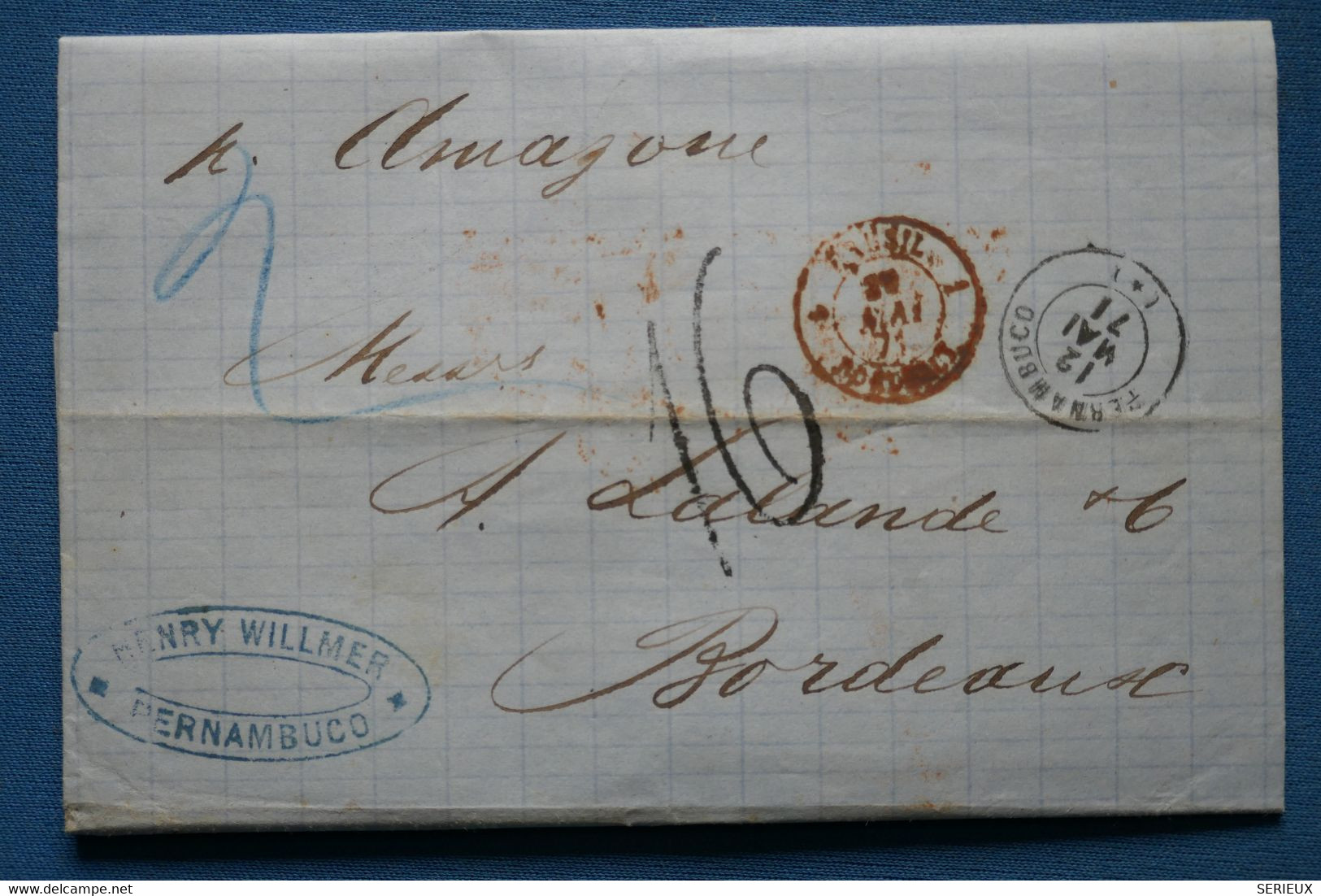 AE 6  BRAZIL  BELLE  LETTRE RARE  12 5  1864  PERNAMBUCO  POUR BORDEAUX FRANCE  +  + AFF. INTERESSANT - Préphilatélie