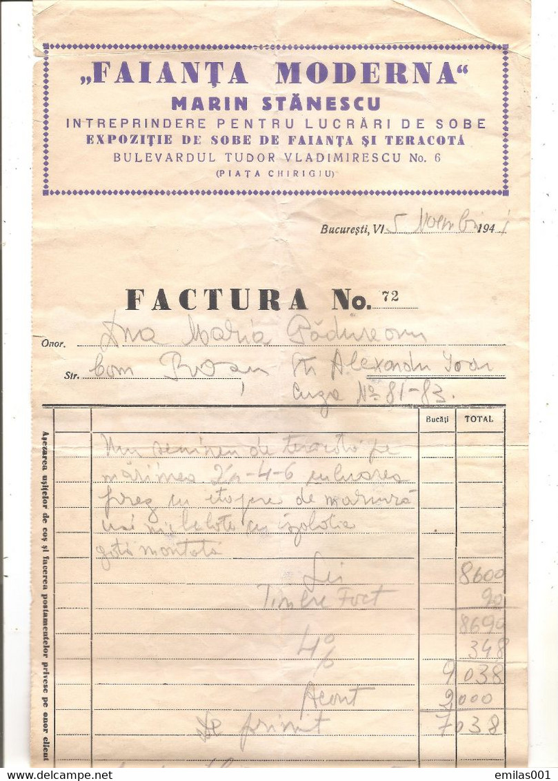 Factura Cu Antet " FAIANTA MODERNA " Si 17 Timbre Fiscale 1940 Contributia Pentru Apararea Tarii , Efigie Mihai . - Fiscaux