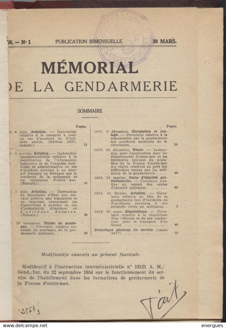 Mémorial De La Gendarmerie,1958,  De 1946 à 1958, Volume 77, Cachet, Brigade De Muret, 419 P Belle Reliure - Right