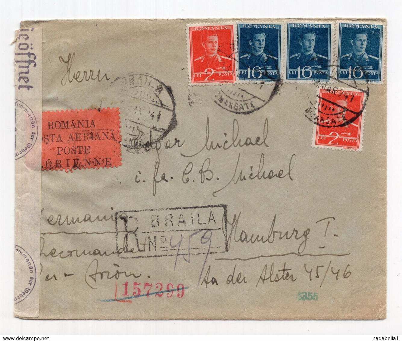 1941. ROMANIA,BRAILA TO HAMBURG,GERMANY,AIRMAIL REGISTERED COVER,CENSOR - 2de Wereldoorlog (Brieven)