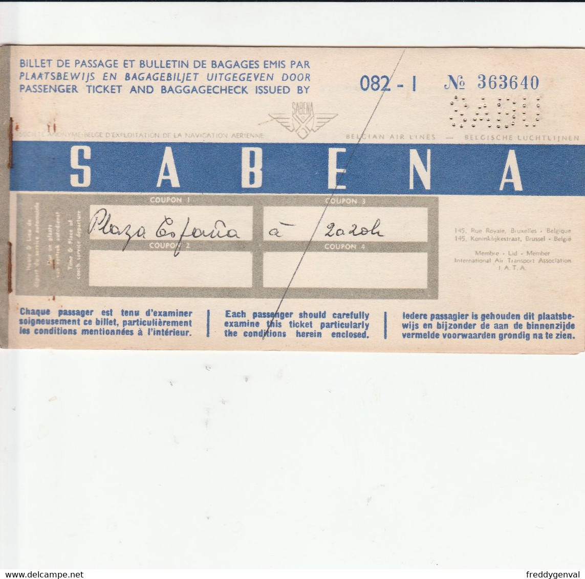 SABENA  TICKET D,AVION BARCELONE-BRUXELLES  31 MAI 1952 - Tickets