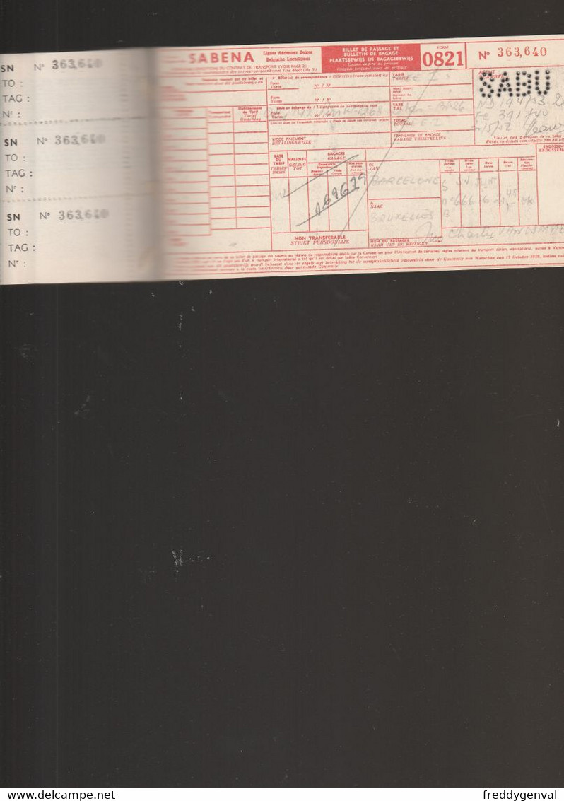 SABENA  TICKET D,AVION BARCELONE-BRUXELLES  31 MAI 1952 - Tickets