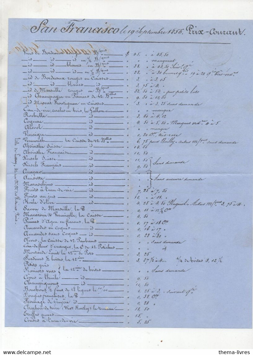 San Francisco (USA)  Pris Courant 1856 BOISSONS DIVERSES Avec Cachetfiscal Impérial (PPP32691) - USA