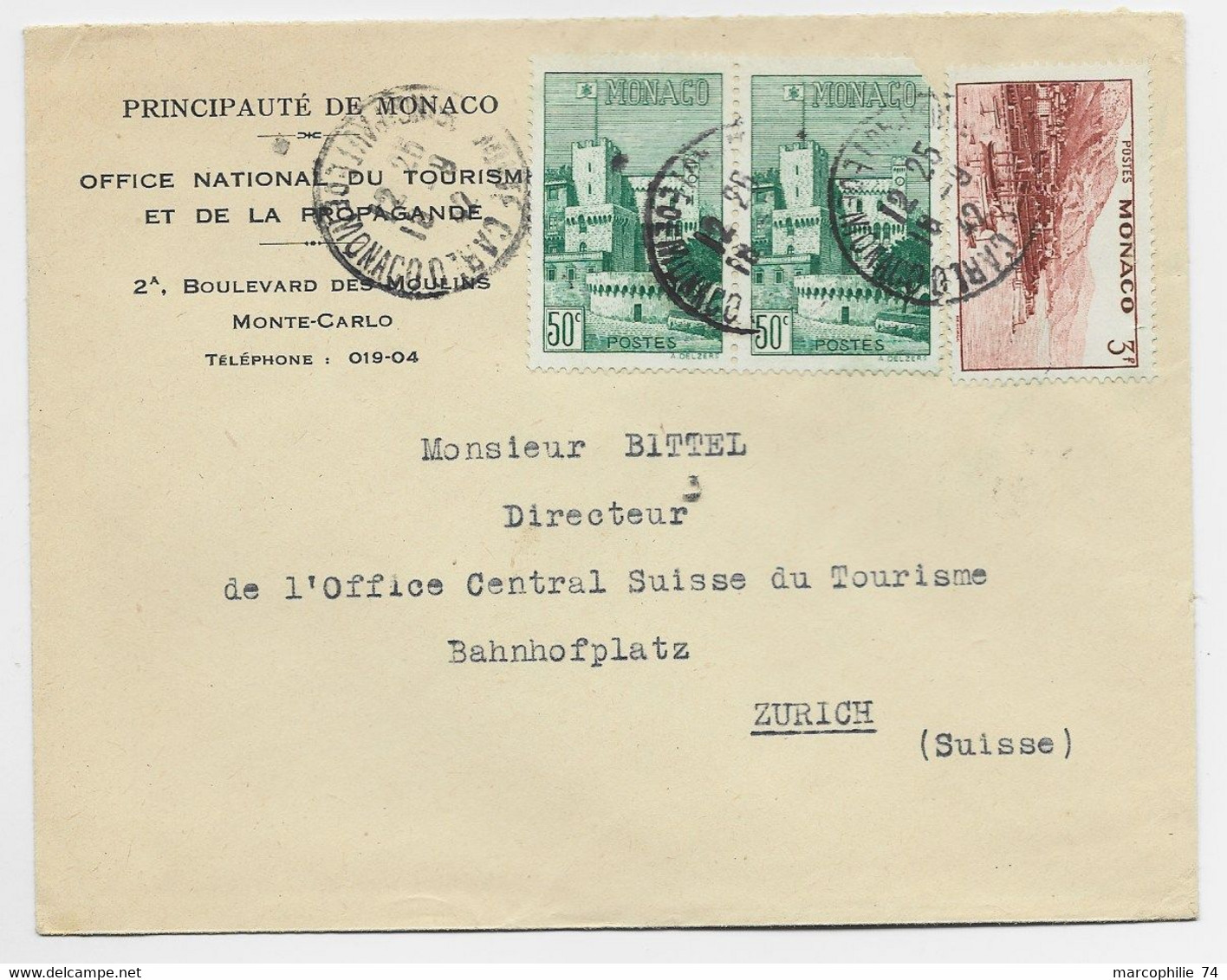 MONACO 3FR+ 50C PAIRE 1 DEFAUT LETTRE MONTE CARLO 18.9.1942 POUR SUISSE AU TARIF - Briefe U. Dokumente