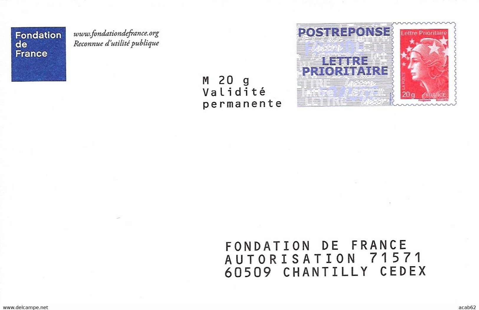 France, PAP Beaujard Postréponse, Lettre Prioritaire, Fondation De France 12P276 - PAP: Antwort/Beaujard