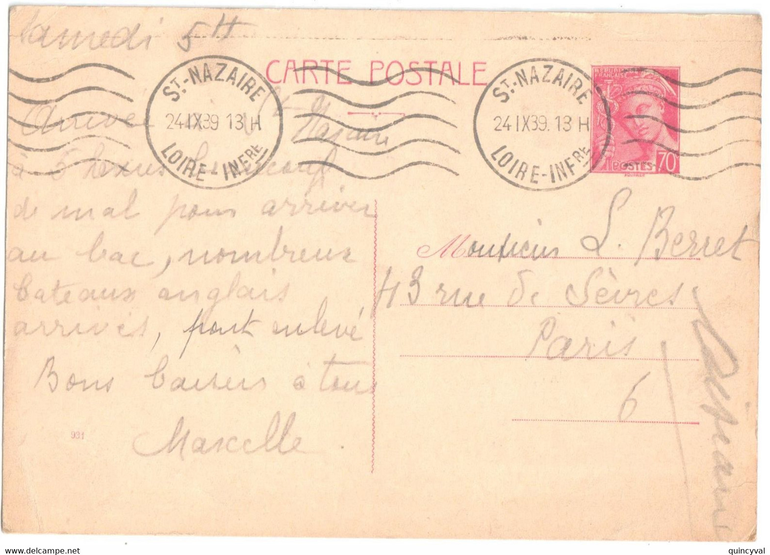 St NAZAIRE Loire Inférieure Carte Postale Entier 70c Mercure Lilas Rose Mill 931 Ob Meca Krag Storch A1 Yv 416-CP1 - Standaardpostkaarten En TSC (Voor 1995)