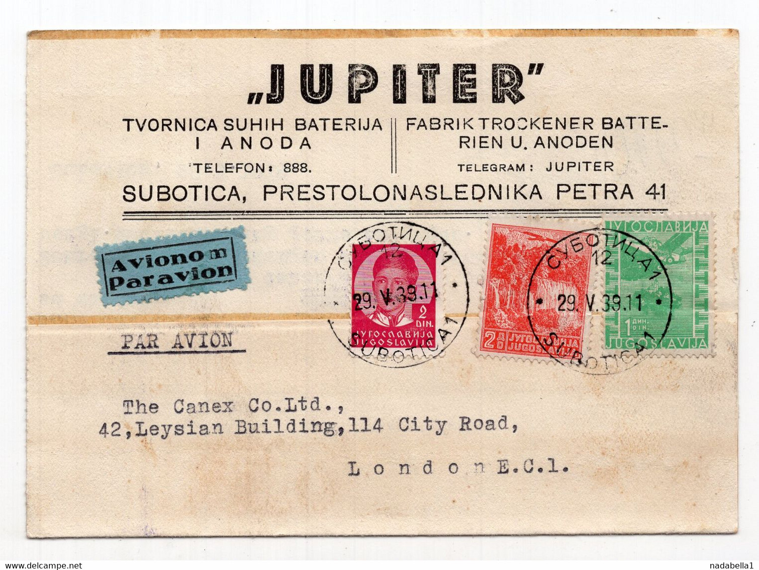 1939. AIRMAIL,CORRESPONDENCE CARD,JUPITER,YUGOSLAVIA,SERBIA,SUBOTICA TO GREAT BRITAIN,LONDON - Airmail