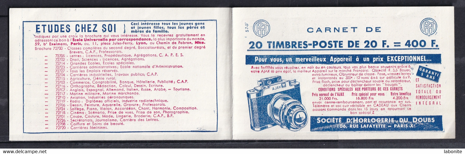 Publicité - YT Couverture Du Carnet (vide) 1011Bb-C23 Marianne DeMuller 20F Bleu Type I 400F Série 7-57 (Maury : CA 327) - Sonstige & Ohne Zuordnung