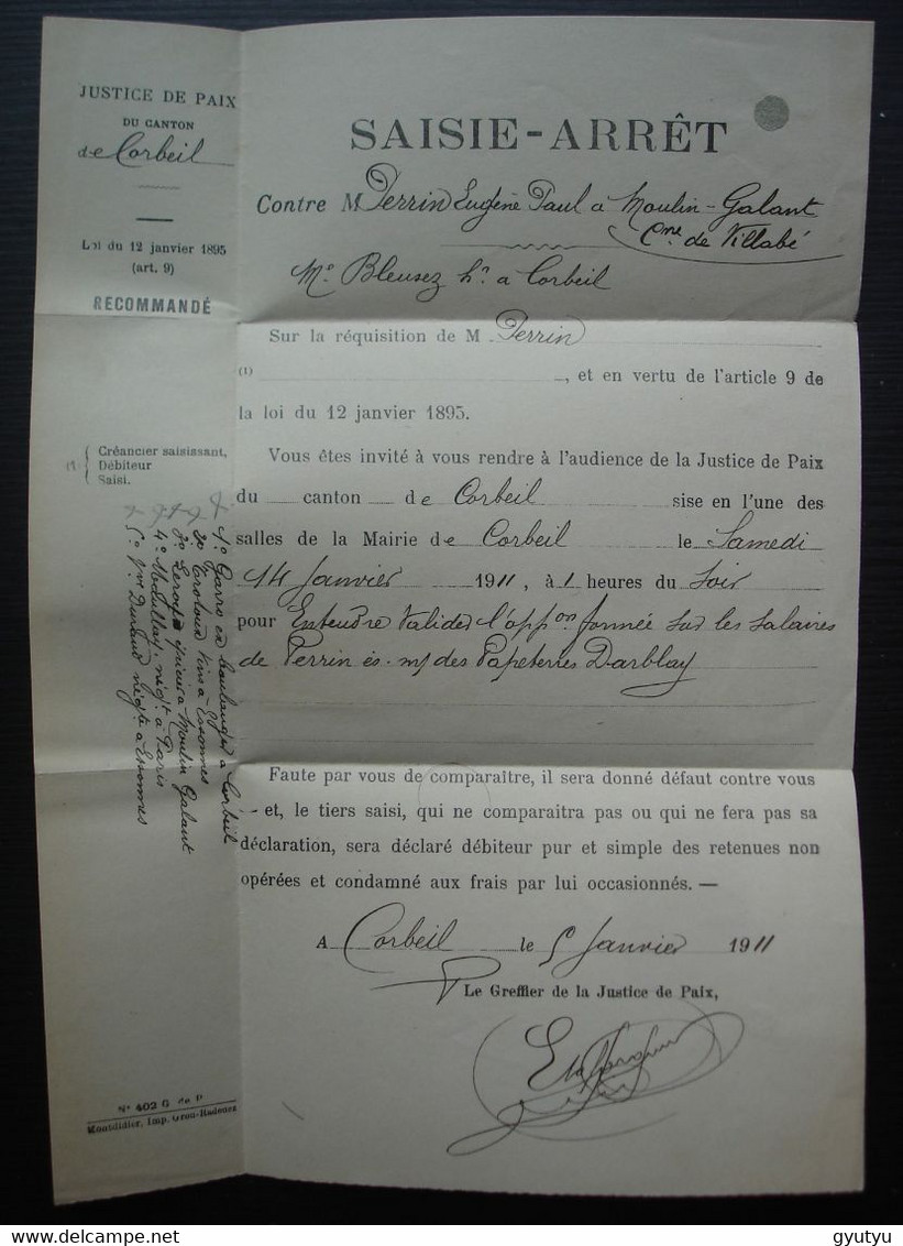 Corbeil Essonne 1911 Lettre Recommandée, Saisie-arrêt - 1877-1920: Semi-moderne Periode