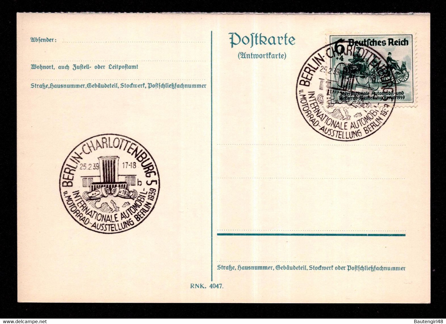 DR Antwort-Postkarte BERLIN-CHARLOTTENBURG - 25.2.39 - Mi.686 - Internationale Automobil- U. Motorrad-Ausstellung Berlin - Lettres & Documents