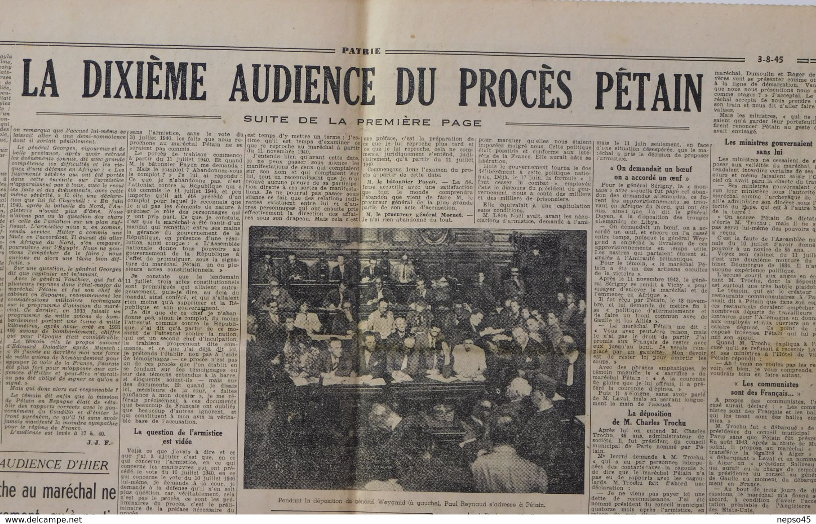 Journal des Combattants Français.Patrie.France Libre.août 1945.Laval en prison.Léon Noël charge Pétain.criminels Guerre.