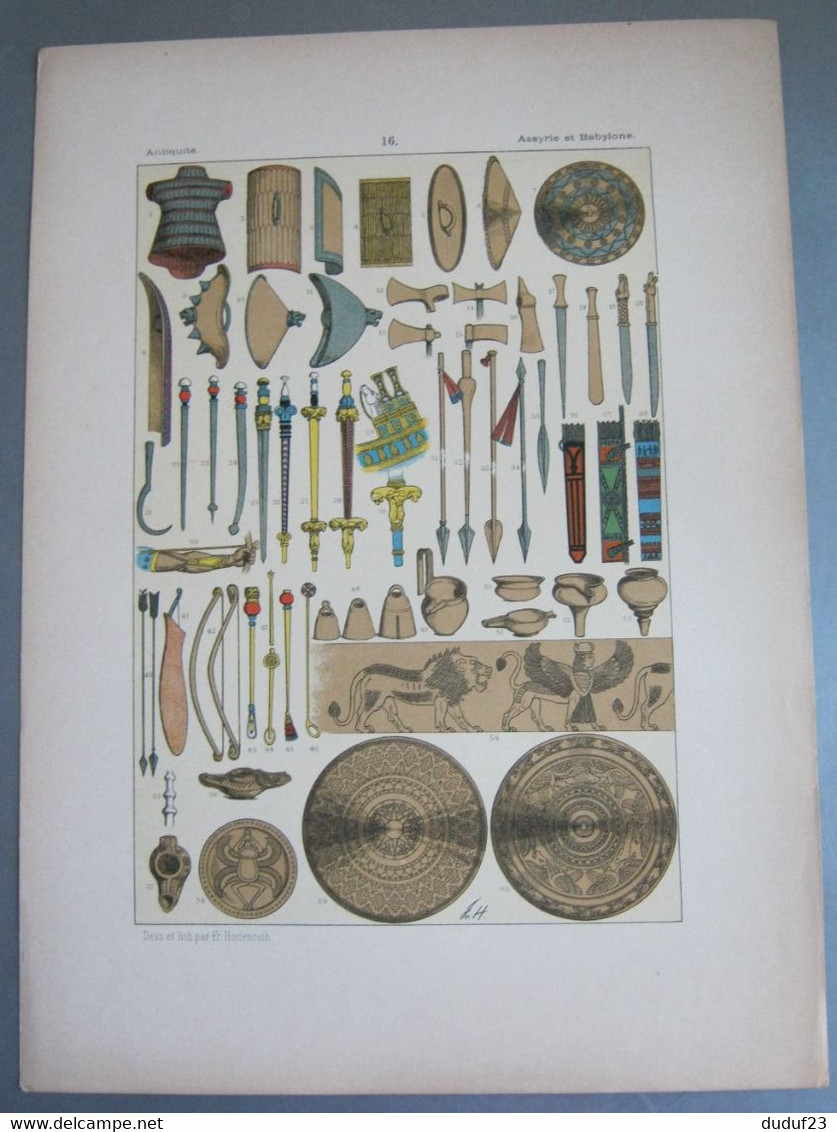 7 Gravures Chromo Lithographie 19ème Costume Armes Outils Mobilier ANTIQUITE ASSYRIE BABYLONE -  F. Hottenroth - Prints & Engravings