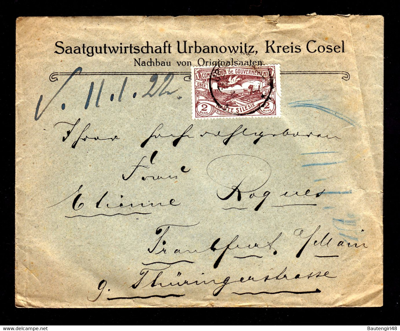 DR Deutsche Abstimmungsgebiete Oberschlesien Brief URBANOWITZ - Frankfurt A.M. - 8.1.22 Mit Mi. 27 V. Saatgut - Sonstige & Ohne Zuordnung