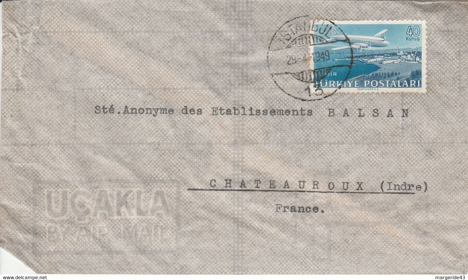 TURQUIE SEUL SUR LETTRE AVION POUR LA FRANCE 1949 - Lettres & Documents