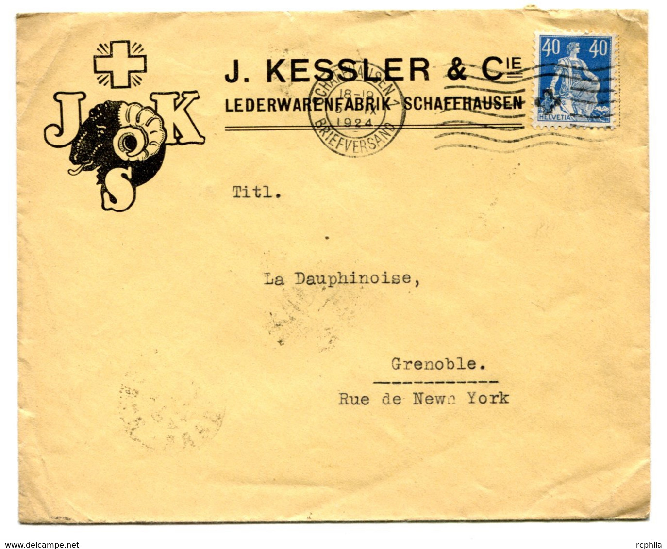 RC 21588 SUISSE 1924 ENVELOPPE PUBLICITAIRE ILLUSTRÉE D'UN MOUTON - J. KESSLER & Cie LEDERWARENFABRIK SCHAFFHAUSEN - Storia Postale