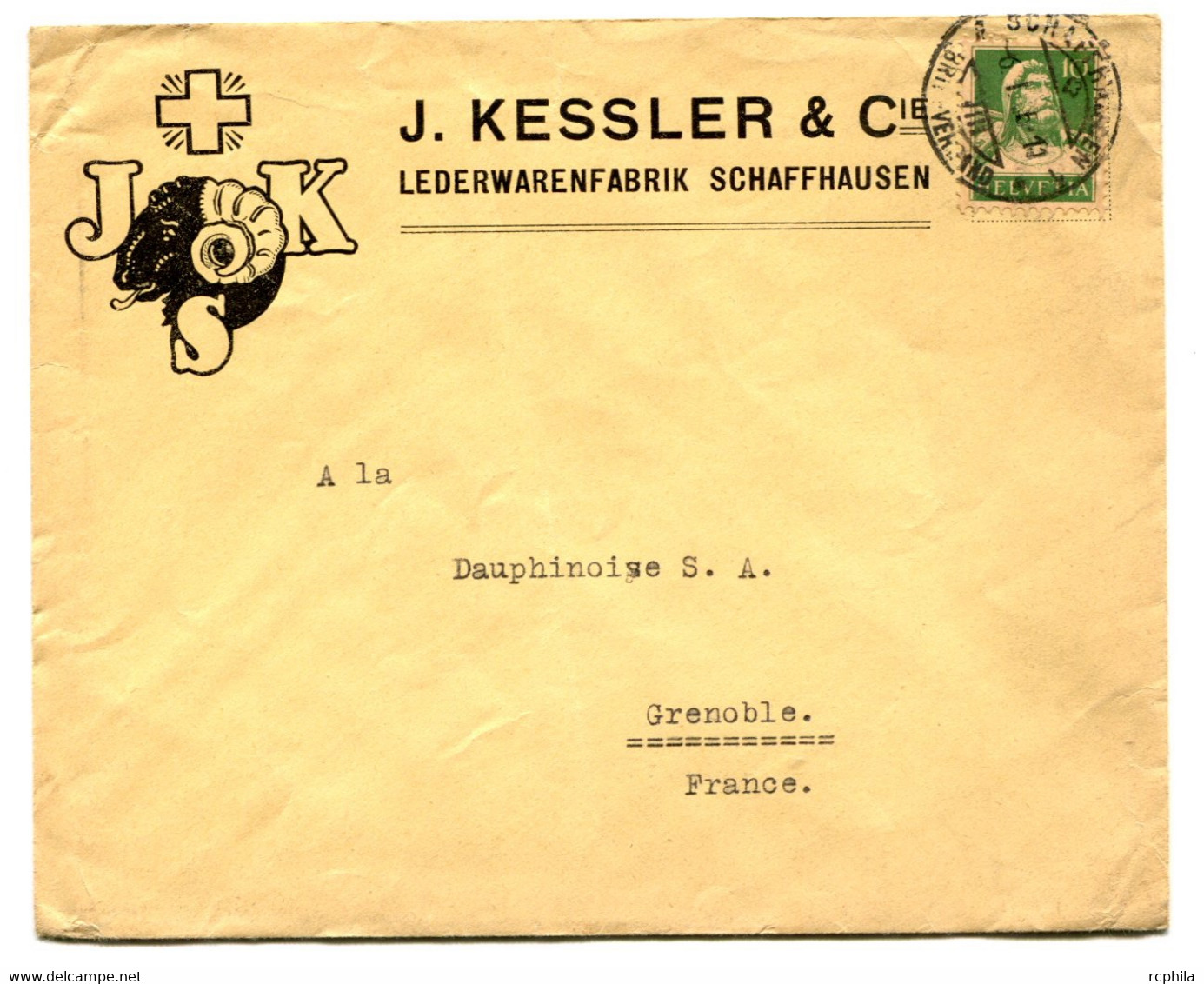 RC 21589 SUISSE 1925 ENVELOPPE PUBLICITAIRE ILLUSTRÉE D'UN MOUTON - J. KESSLER & Cie LEDERWARENFABRIK SCHAFFHAUSEN - Marcophilie