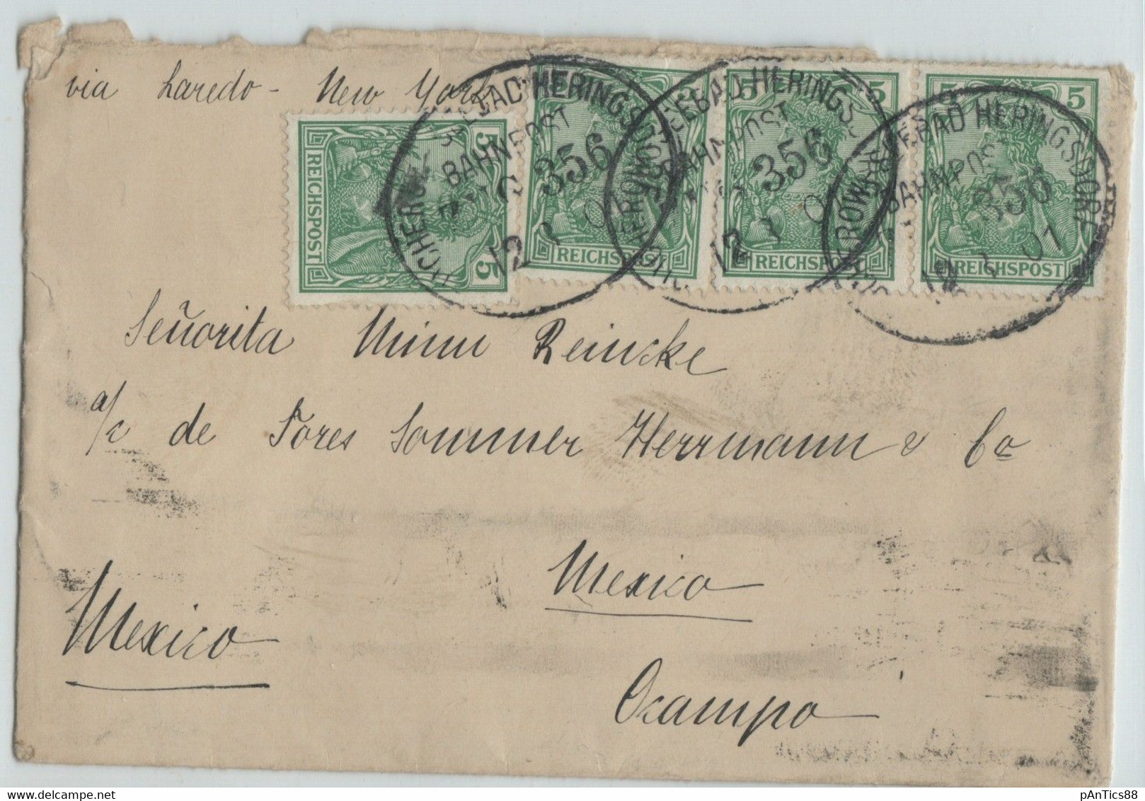 Germany 1901 Cover With 4 X 5 Pf Stamp, Train Cancel To OCAMPO/Mexico Via NEW YORK+ LAREDO - Briefe U. Dokumente