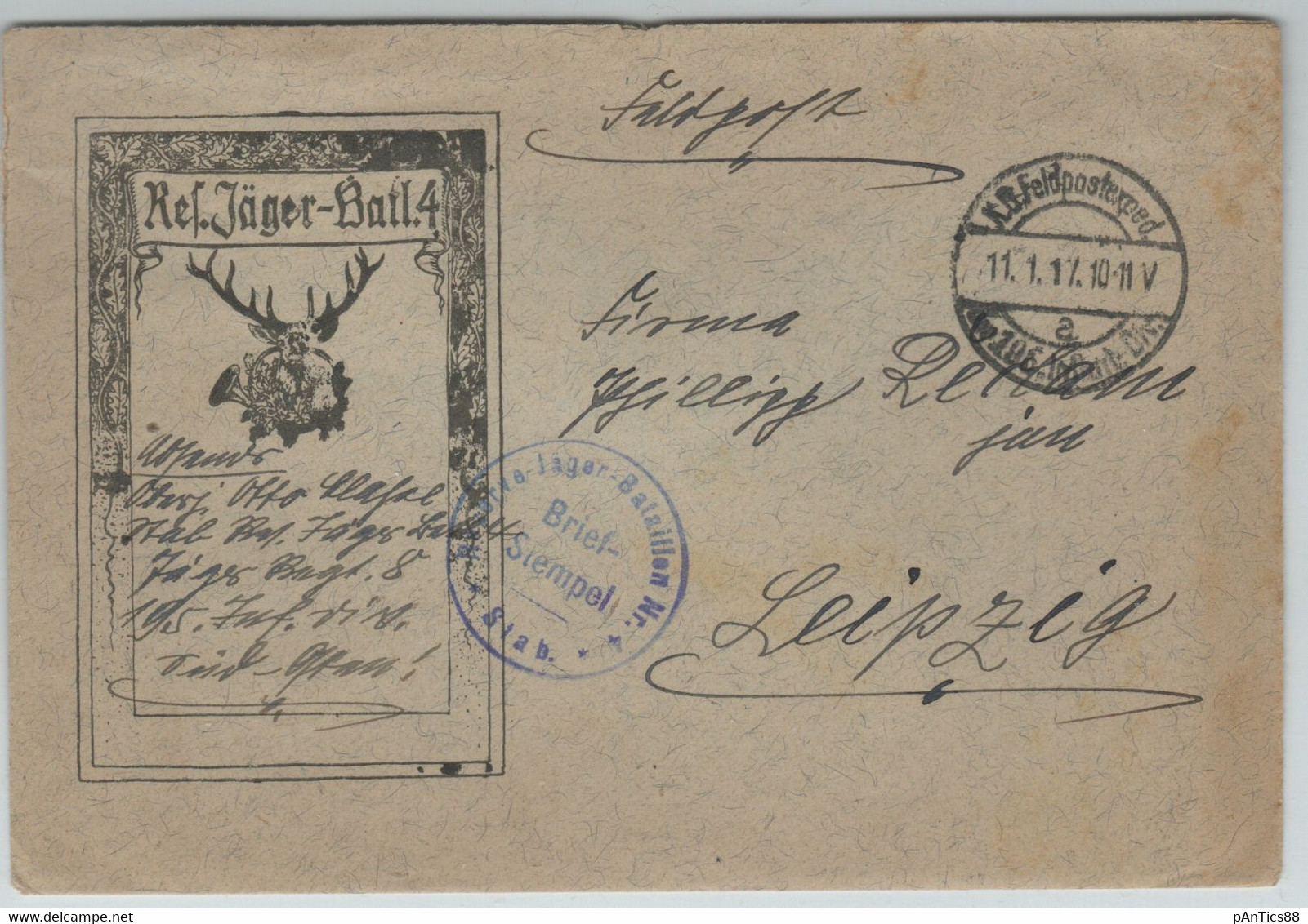 Germany 1917 Illustrated FIELD POST Cover Without Stamp,  To LEIPZIG - Briefe U. Dokumente