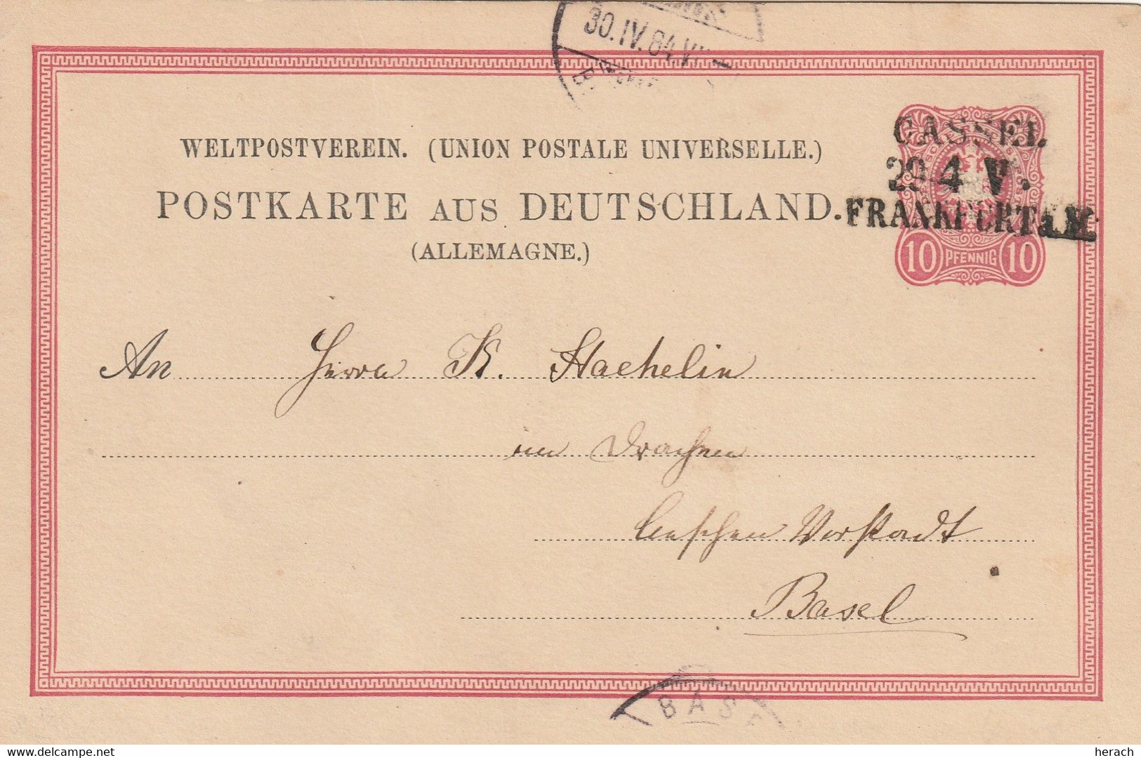 Allemagne Ambulant Linéaire Cassel / Frankfurt Sur Carte Postale Pour La Suisse 1884 - Lettres & Documents