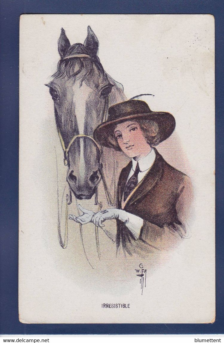CPA Femme Avec Cheval Horse Illustrateur Femme Women Circulé - Paarden