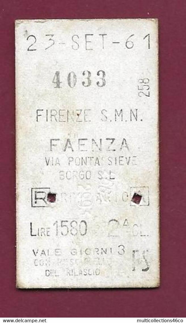 271021 - TICKET TRANSPORT METRO CHEMIN DE FER TRAMWAY - ITALIE 1961 - 4033 FIRENZE SMN FAENZA - Europe