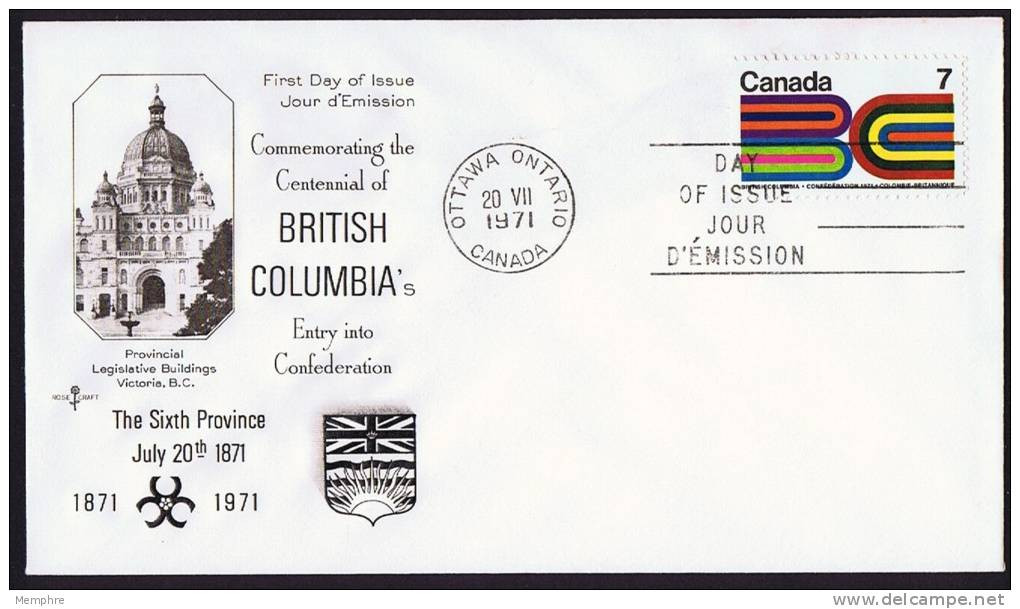 1971 Centenaire De La Colombie Britannique  Sc 552  Cachet Rosecraft - 1971-1980