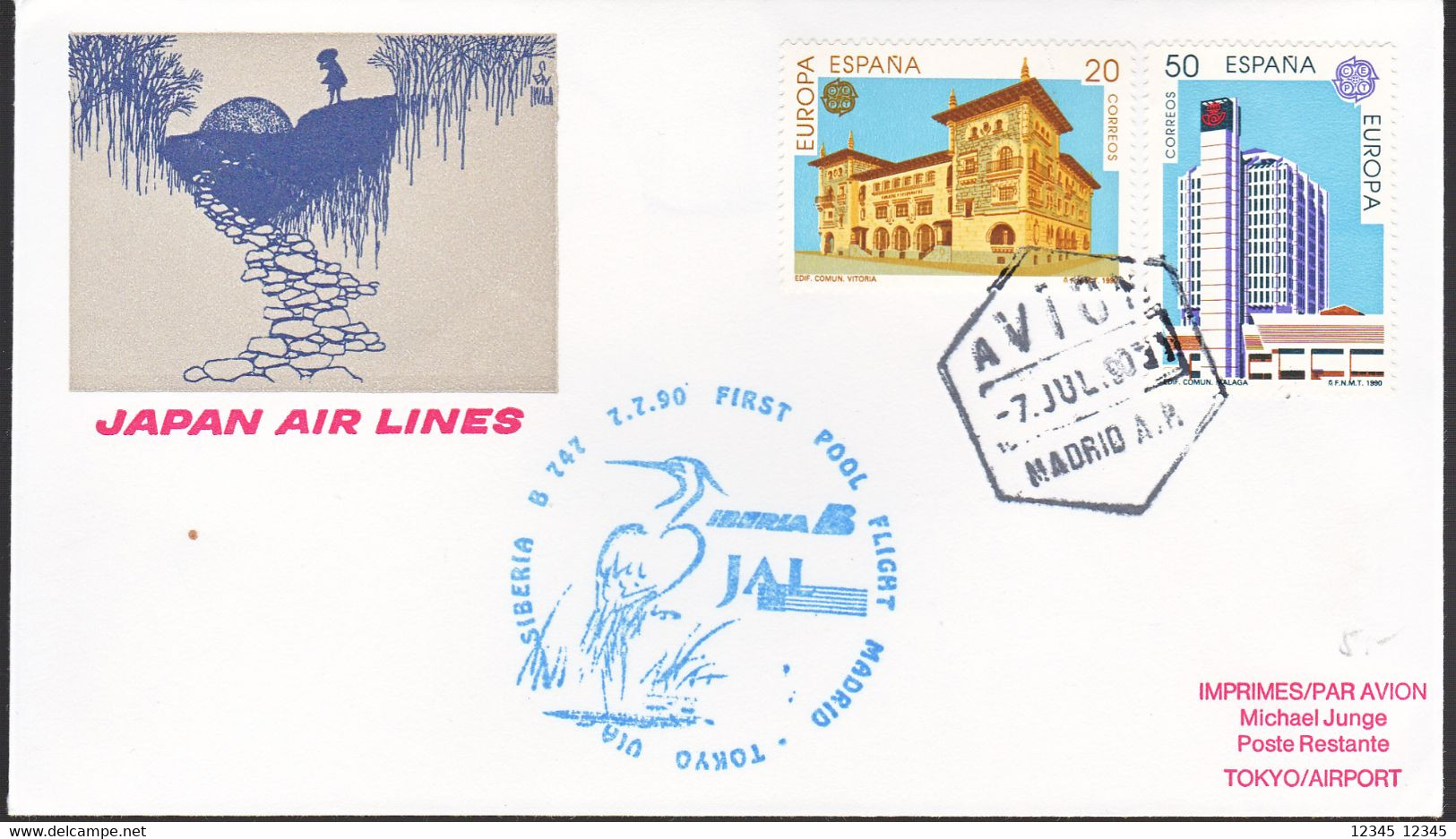 1990, First Pool Flight Madrid-Tokyo Via Siberia, Stamped With A Bird - Storia Postale