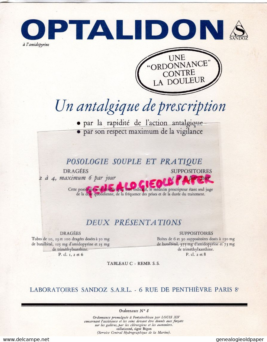 75- PARIS- PUBLICITE LABORATOIRES SANDOZ-6 RUE PENTHIEVRE-OPTALIDON-ORDONNANCE DU ROI AU DUC DE VIVONNE- GENERAL GALERES - Werbung