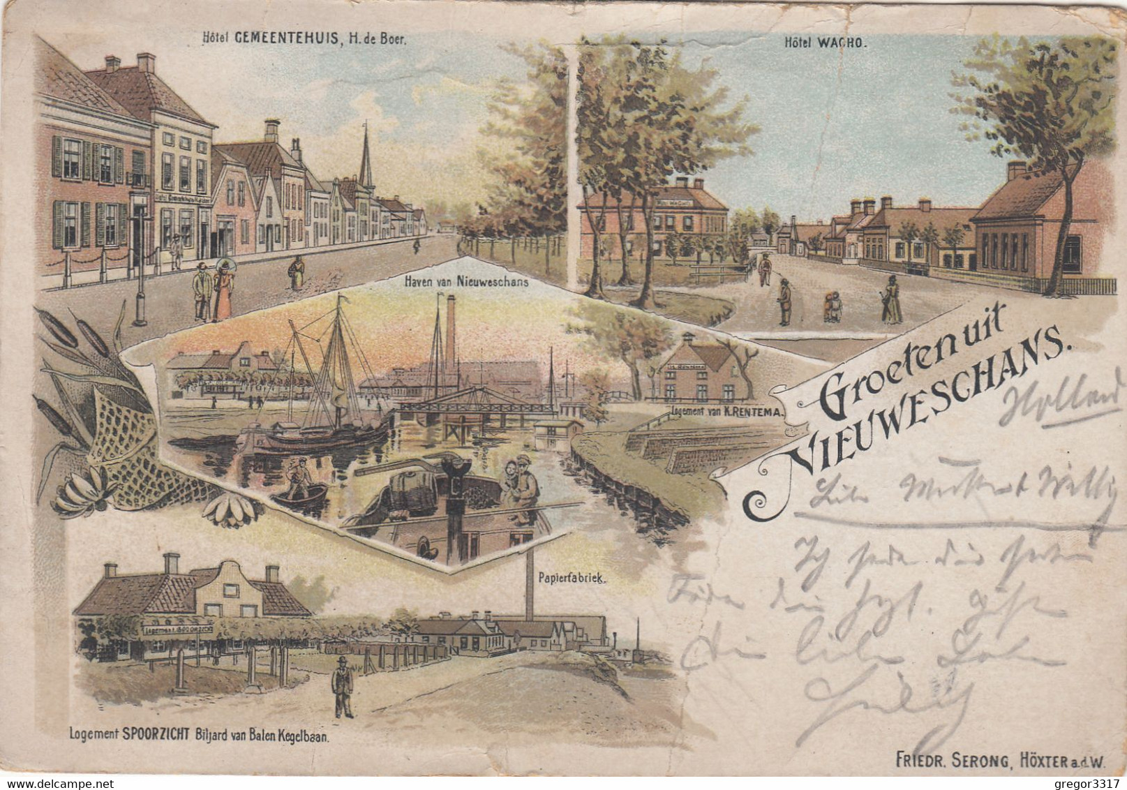 A1250) GROETEN Uit NIEUWESCHANS - LITHO M. Gemeentehuis - Hotel WACHO -Logement SPOORZICHT Kegelbaan Papierfabriek 1904 - Nieuweschans