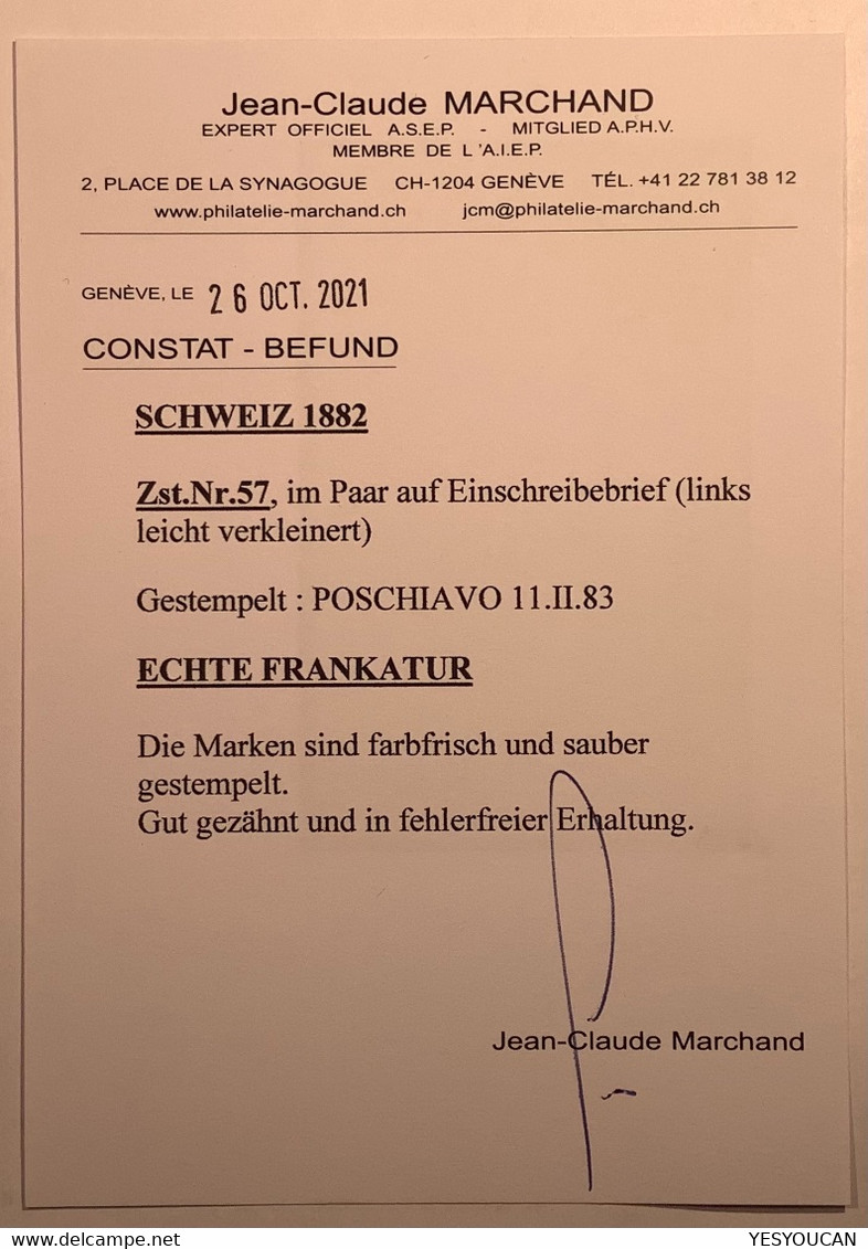 Zst 57 GUTE MEF: Schweiz 1882 Weisses Papier 15Rp Paar CHARGE Brief POSCHIAVO (GR) Attest(Suisse Lettre Ziffernmuster - Covers & Documents