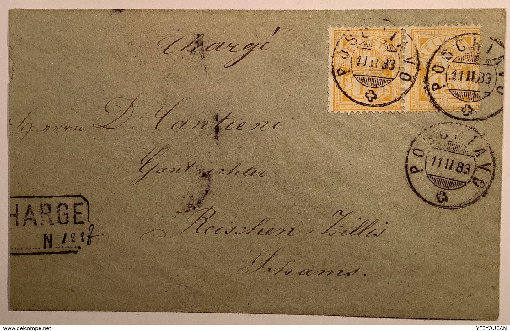 Zst 57 GUTE MEF: Schweiz 1882 Weisses Papier 15Rp Paar CHARGE Brief POSCHIAVO (GR) Attest(Suisse Lettre Ziffernmuster - Covers & Documents