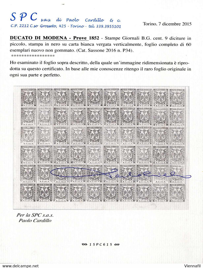 (*) 1852, Prova, Stampe Giornali B.G. Cent 9 Diciture In Piccolo, Stampa In Nero Su Carta Bianca Vergata Verticalmente,  - Modena