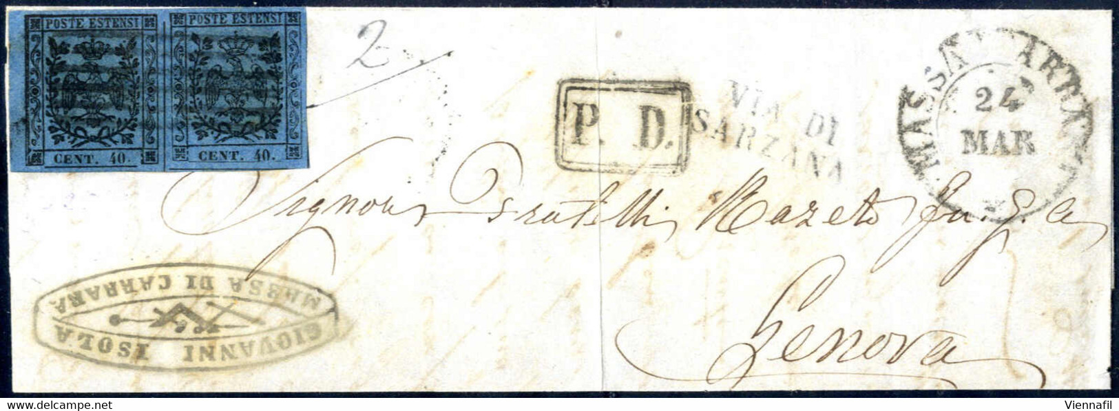 Cover 1858, Lettera P.D. Da Massa Carrara Il 24.3 Per Genova Affrancata Con Coppia 40 C. Azzurro Scuro Con Punto Dopo Le - Modena