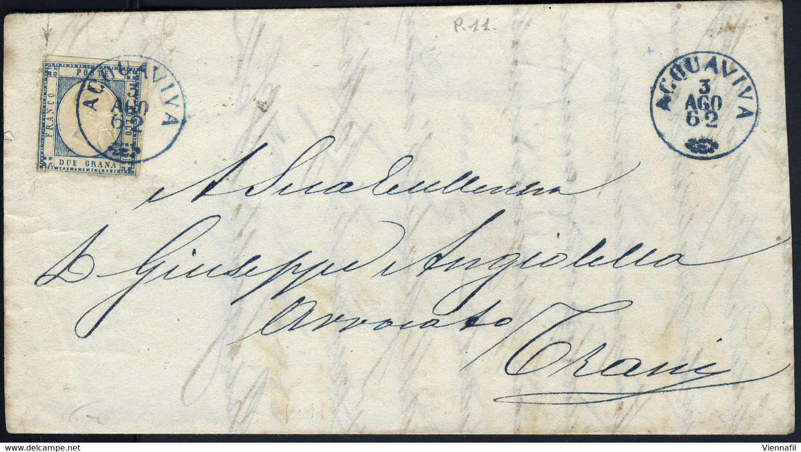 Cover "ACQUAVIVA", Lettera (senza Le Alette) Del 3.8.1862 Da Acquaviva Per Trani, Affrancata Con Province Napoletane 2 G - Naples