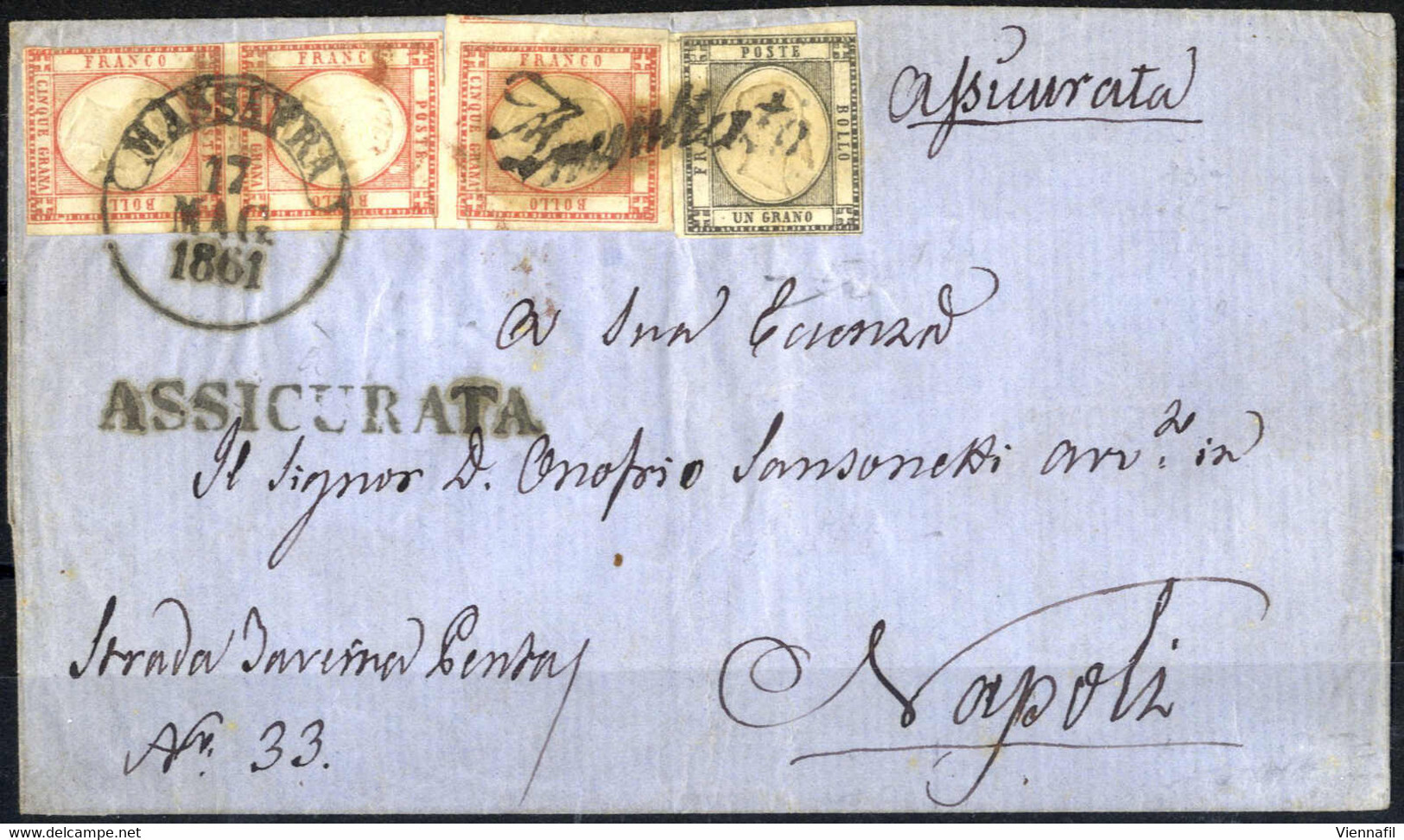 Cover "MASSAFRA", Assicurata Del 17.5.1861 Da Massafra A Napoli, Affrancata Con Province Napoletane 1 Gr. Nero E Strisci - Naples