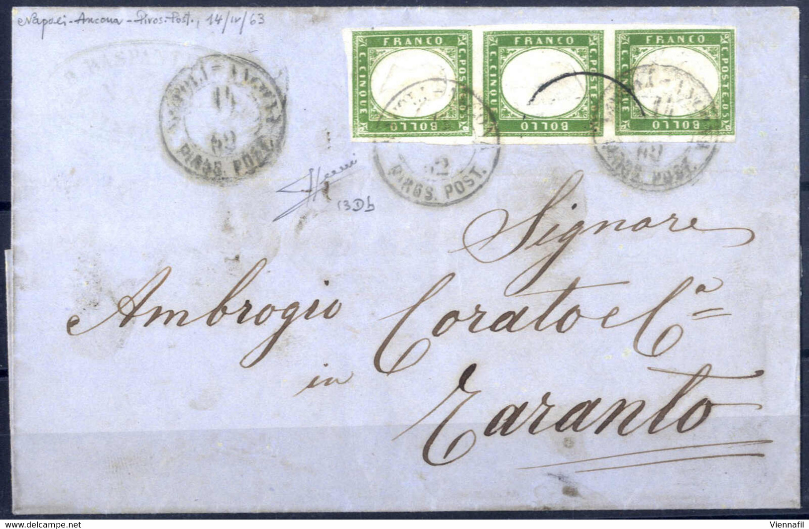 Cover "Napoli-Ancona/Piros. Post." Doppio Cerchio (Punti 12), Lettera Del 14.4.1863 Per Taranto Affrancata Con IV Di Sar - Naples