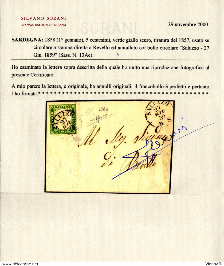 Cover 1859, Circolare Da Saluzzo Il 27.6 Per Revello Affrancata Con IV Di Sardegna 5 C. Verde Giallo Scuro Isolato, Cert - Sardegna