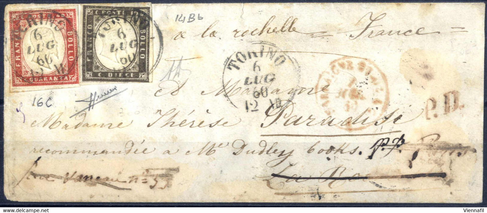 Cover 1860, Lettera Da Torino Il 6.7 Per La Rochelle Rispedita A Parigi Affrancata Con 10 C. Bruno Nerastro E 40 C. Ross - Sardinia