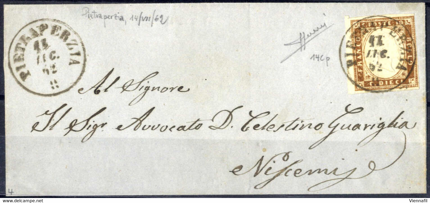 Cover 1862, Lettera Da Pietraperzia Il 14.7 Per Niscemi Affrancata Con 10 C. Bruno IV Di Sardegna, Firmata Sorani, Sass. - Sardinia