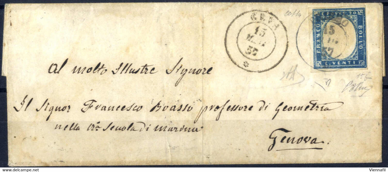 Cover "Priero", D.c.D Su Lettera Del 15.5.1857 Per Genova Affrancata Con 20 C. Celeste IV Di Sardegna, Punti 9, Cert. En - Sardinia