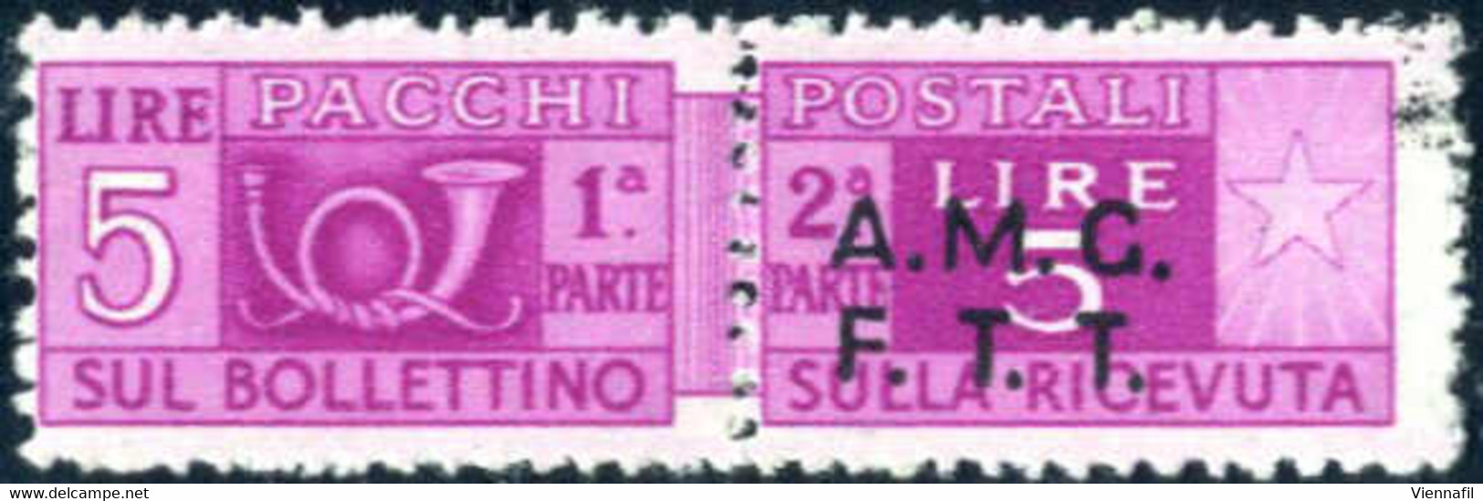 ** 1947, Pacchi Postali 5 L. Lilla Rosa Con Soprastampa Su Due Righe ""A.M.G./F.T:T." Con La Varietà "senza Soprastampa  - Otros & Sin Clasificación