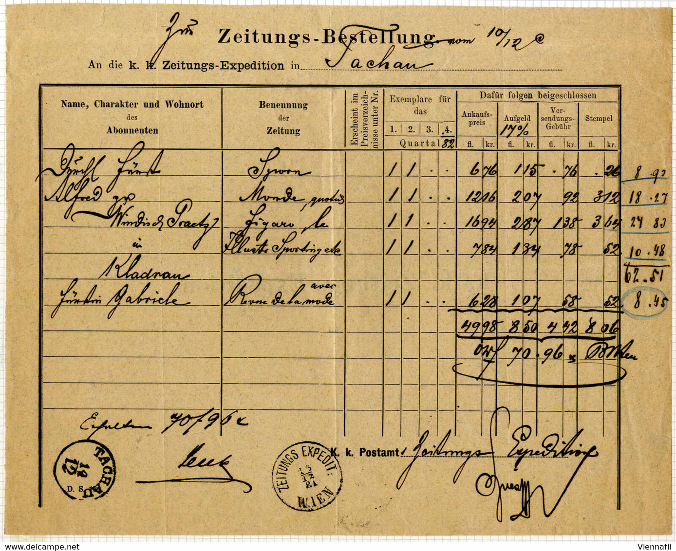 Cover 1881, Zeitungs Expedit. Wien Vom 13.12. Nach Tachau (Böhmen), Abrechnung Für Die Lieferung Von 5 Zeitungen An Die  - Zeitungsmarken