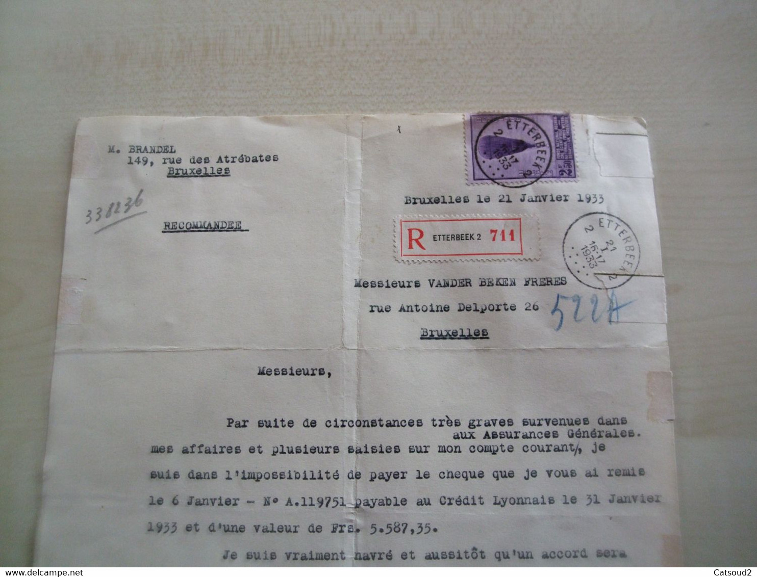 Courrier Recommandé 1933 BELLE OBLITERATION ETTERBEEK - Andere & Zonder Classificatie