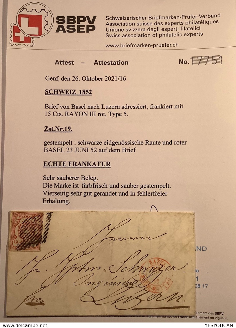 Zst 19 GUTER PLATTENFEHLER T.5 Schweiz 1852 15 Cts Rayon III Brief Basel>Luzern(Suisse Variété Lettre Attest Marchand XF - 1843-1852 Federal & Cantonal Stamps