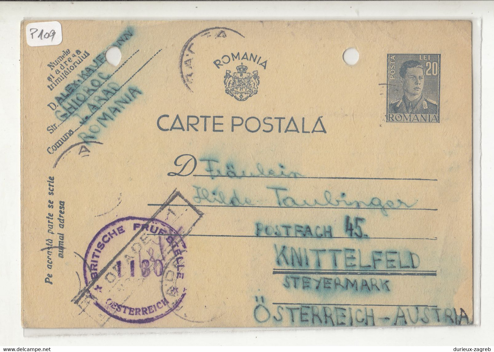 Romania Postal Stationery Postcard Posted 1945? To Austria - Britische Prufstelle Osstereic Censor Mark B211015 - 2de Wereldoorlog (Brieven)