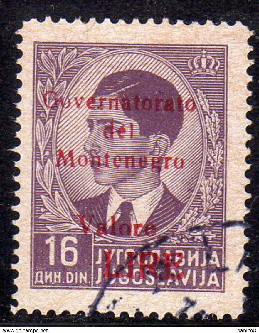 MONTENEGRO 1942 GOVERNATORATO RED OVERPRINTED SOPRASTAMPA ROSSA LIRE 16d USATO USED OBLITERE' - Montenegro