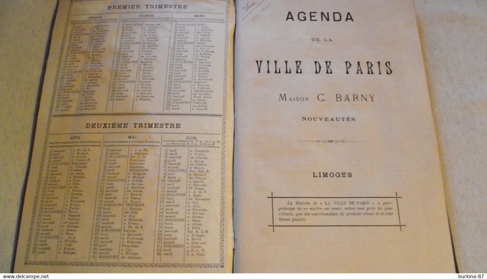 AGENDA, 1891, Limoges , A La Ville De Paris, C Barny - Grossformat : ...-1900