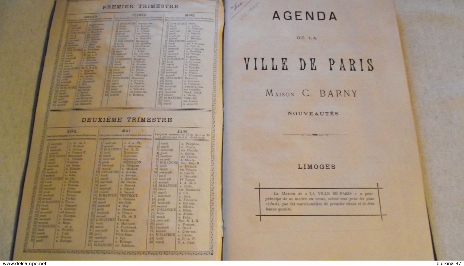 AGENDA, 1891, Limoges , A La Ville De Paris, C Barny - Grand Format : ...-1900