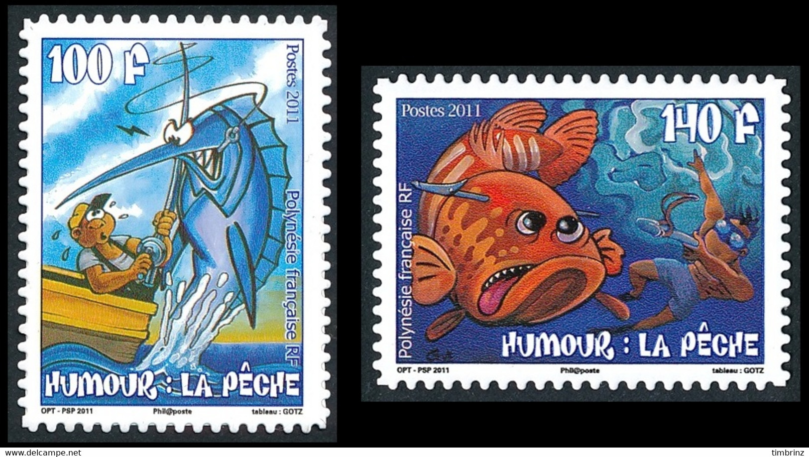 POLYNESIE 2011 - Yv. 951 Et 952 **   Faciale= 2,02 EUR - Humour. La Pêche (2 Val.) Autoadhésif.  ..Réf.POL26724 - Nuevos