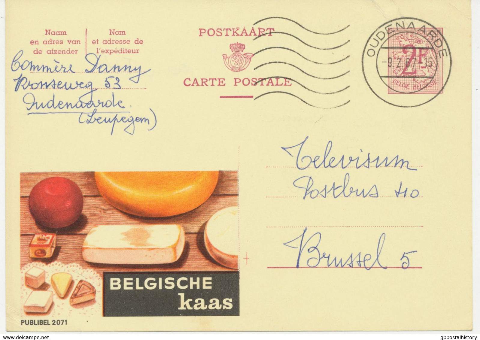 BELGIEN 1967, 2071 BELGISCHE KAAS Käse 2 F Werbe-GA Advertising OUDENAARDE - Andere & Zonder Classificatie